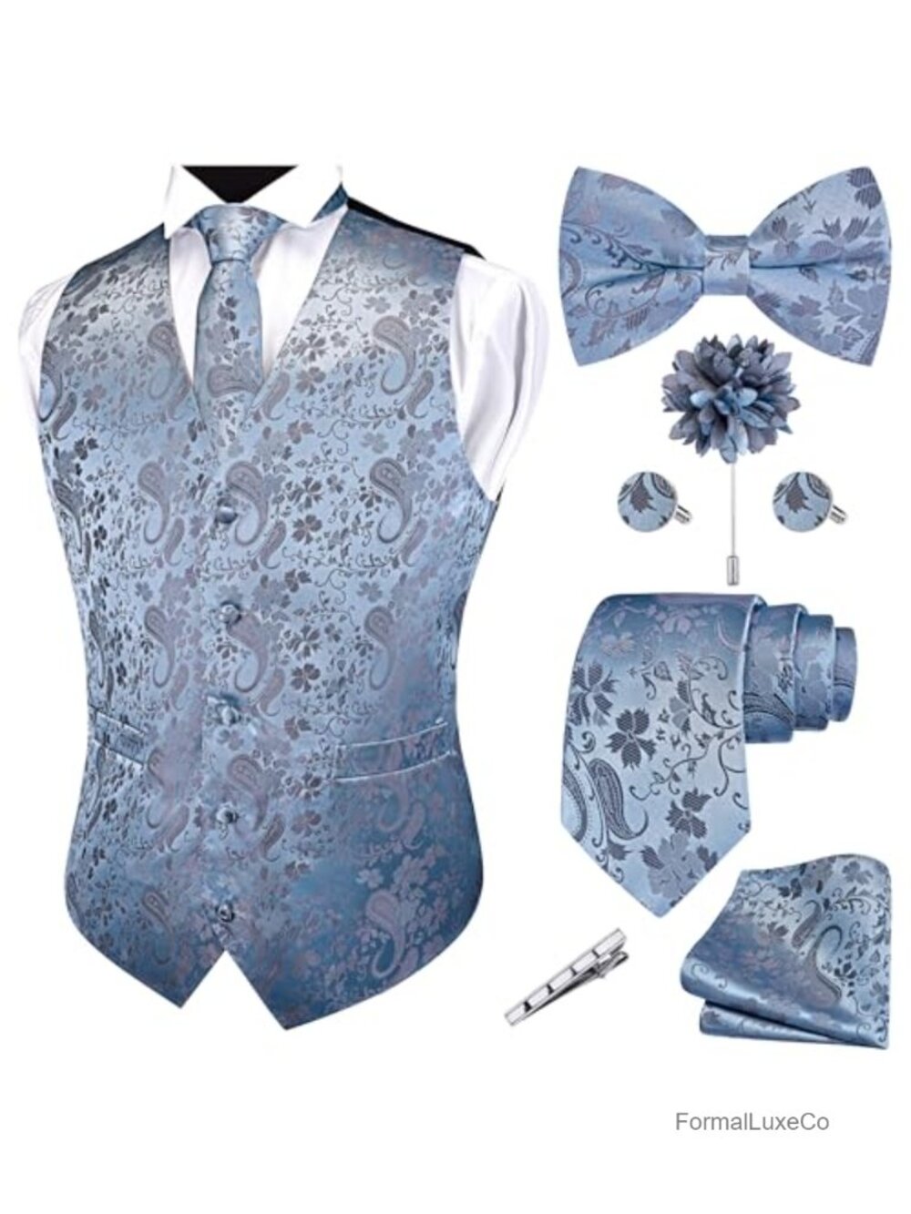 Men's Formal Paisley Vest & Tie Set 7pc with Cufflinks Lapel Pin
